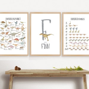 Juego de 3 impresiones personalizadas del alfabeto de dinosaurios, póster de números, decoración de guardería, aprendizaje en casa, escuela, póster preescolar, impresión para dormitorio