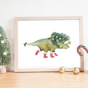 Christmas Dinosaur, Triceratops Watercolor Prints, Holiday Nursery Wall Art, Dinosaur Nursery Printables,Nusery Decor, Kids Room Decor