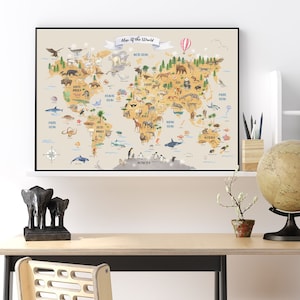 Tiere Weltkarte, Aquarell Weltkarte, Kinder Weltkarte Druck, Karte für Kinderzimmer, Wanddekoration, druckbare Weltkarte, Braun, Beige, Name enthalten