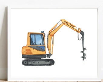 Auger Excavator Print,  Excavaror Art,  Transport Prints, Boy Nursery Decor,  Printable Wall Art, Kid Room Decor, Watercolor Print