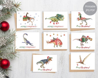 Set of 8 Dinosaur Christmas Cards, Dinosaur Holiday Card, Dinosaur Printable Card, Merry Christmas, Handpainted Card, Watercolor Card