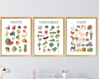 Set of 3, Vegetables, Fruits, Fam Chart, Educational Posters, Learning Home School, Preschool Poster, WatercolorHomeschool Print,