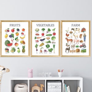 Set of 3, Vegetables, Fruits, Fam Chart, Educational Posters, Learning Home School, Preschool Poster, WatercolorHomeschool Print,