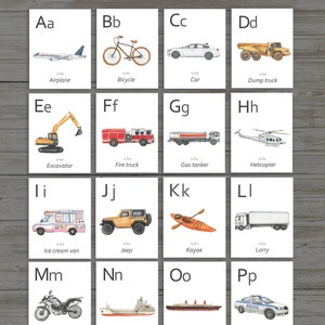 Vehicle Flash Cards, Printable ABC Cards, Alphabet Cards, Nursery decor, Learning Home School,Preschool