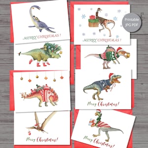Conjunto de 8 tarjetas de Navidad de dinosaurios, tarjeta navideña de dinosaurios, tarjeta imprimible de dinosaurios, feliz Navidad, tarjeta pintada a mano, tarjeta de acuarela