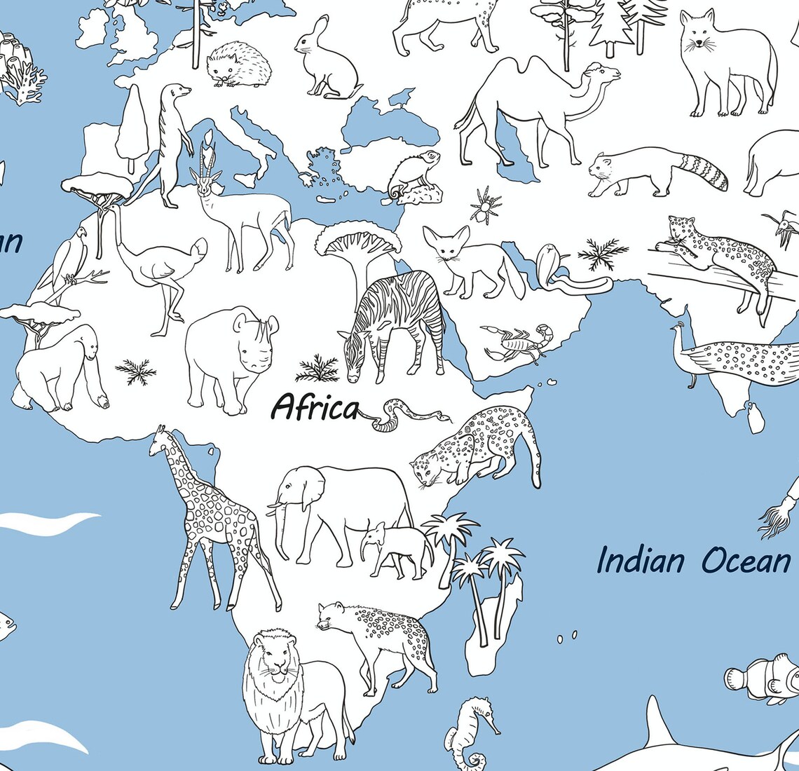 Large Map Animals World Map Colouring Printable Kids World Etsy