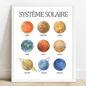 El sistema solar (Francés), Impresión para educación en casa, Impresión en acuarela, Impresión educativa del espacio, Sistema solar imprimible, Póster para sala de juegos