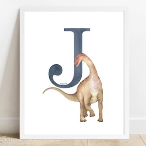 Letra J Jobaria, Impressões de aquarela de dinossauro, Arte de parede de berçário, Imprimíveis de berçário de dinossauro, Decoração de berçário, Decoração de quarto de criança