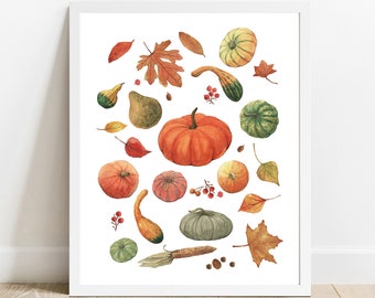 Fall Decor Print, Fall Leaves Pumkin Print, Watercolor Printable Wall Art, Thanksgiving Decor,Fall Wall Art, Autumn Decor, Fall poster