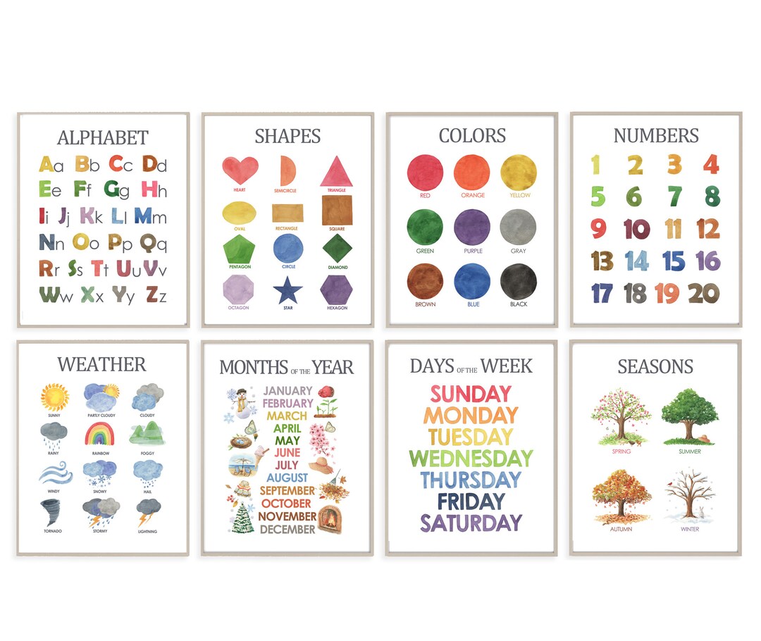 Educational Prints Set of 8, Colors, Alphabet, Numbers, Learning Home ...