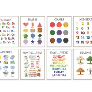 Juego de 8 láminas educativas con colores, alfabeto y números. Aprendizaje en casa y escuela. Póster preescolar. Lámina para la educación en casa. Arte mural educativo.