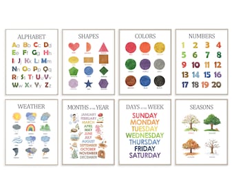 Educational Prints Set of 8, colors, alphabet, numbers, Learning Home School, Preschool Poster,Homeschool Print, Educational Wall Art