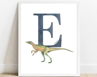 Letter E Eoraptor, Dinosaur Watercolor Prints, Nursery Wall Art, Dinosaur Nursery Printables,Nusery Decor, Kids Room Decor