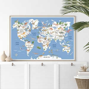 Dinosaurier Weltkarte, Dinosaurier Wandkunst, Kinder Weltkarte Druck, Kinderzimmer Karte Wanddekor, Kinderzimmer Wandkunst, blau