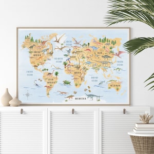 Dinosaurier Weltkarte, Dinosaurier Wandkunst, Kinder Weltkarte Druck, Kinderzimmer Karte Wanddeko, Kinderzimmer Wandkunst, Blau