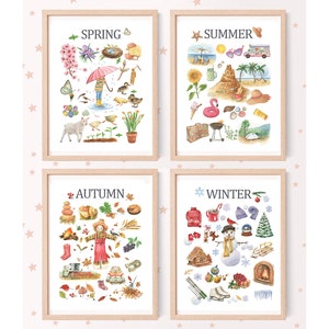 Vier Jahreszeiten Print Set, Frühling, Sommer, Herbst, Winter Poster, Kinderzimmer Dekor, Spielzimmer Dekor