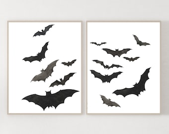 Halloween Poster set of 2,Halloween Print, Halloween Decor, Bats Print, Printable Watercolor,Instant Download, Printable Halloween Art