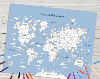 Grande carte, Carte du monde des animaux, Coloriage imprimable, Impression de carte du monde pour enfants, Carte du monde, Affiche éducative, Impressions de crèche