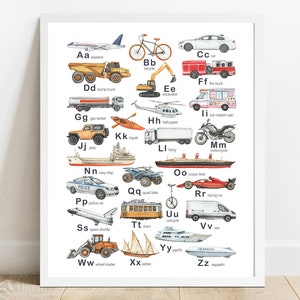 Transport Abc Poster, Vehicle Alphabet, Transport Prints, Vehicle Prints, Car Abc Poster, Nursery Prints, Girls Boys Bedroom Wall Art