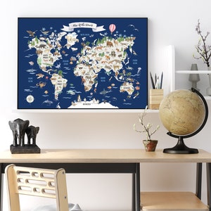 Weltkarte Tiere, Aquarell Weltkarte, Kinder Weltkarte Druck, Kinderzimmer Karte Wanddekor, druckbare Weltkarte, blau, Tiername inklusive