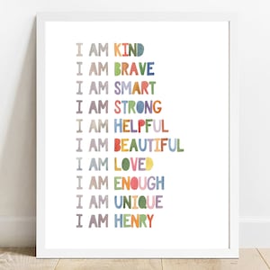 Personalized Affirmation Printable Art, I Am Kind, I Am Loved Sign, Playroom Decor, Kids Bedroom Decor, Rainbow Nursery Decor Printable