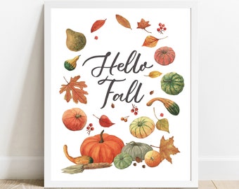 Hello Fall Decor Print,Fall Printable Wall Art, Thanksgiving Decor,Autumn Wall Art,Autumn Decor,Autumn Decor poster,Fall poster