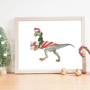 Christmas Oviraptor Dinosaur Watercolor Print: Holiday Nursery Art (Digital Download)