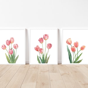 Pink Tulip Print set of 3, Tulip Printable Wall Art, Spring Wall Art, Flower Poster, Spring Tulip Print, Easter Wall Decor