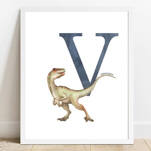 Carta V Velociraptor, Huellas de acuarela dinosaurio, Arte de la pared del vivero, Dinosaurio vivero imprimibles, decoración de la nusery, decoración de la habitación de los niños