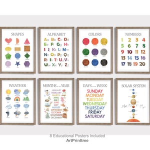 Juego de 8 láminas educativas con colores, alfabeto y números. Aprendizaje en casa y escuela. Póster preescolar. Lámina para la educación en casa. Arte mural educativo.