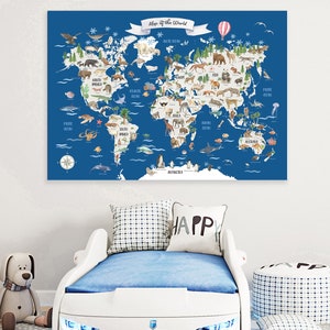 Weltkarte, Tiere, AquarellWeltkarte, Kinder Weltkarte, Karte für Mädchen, Wanddekoration, druckbare Weltkarte, blau, inklusive Tiername