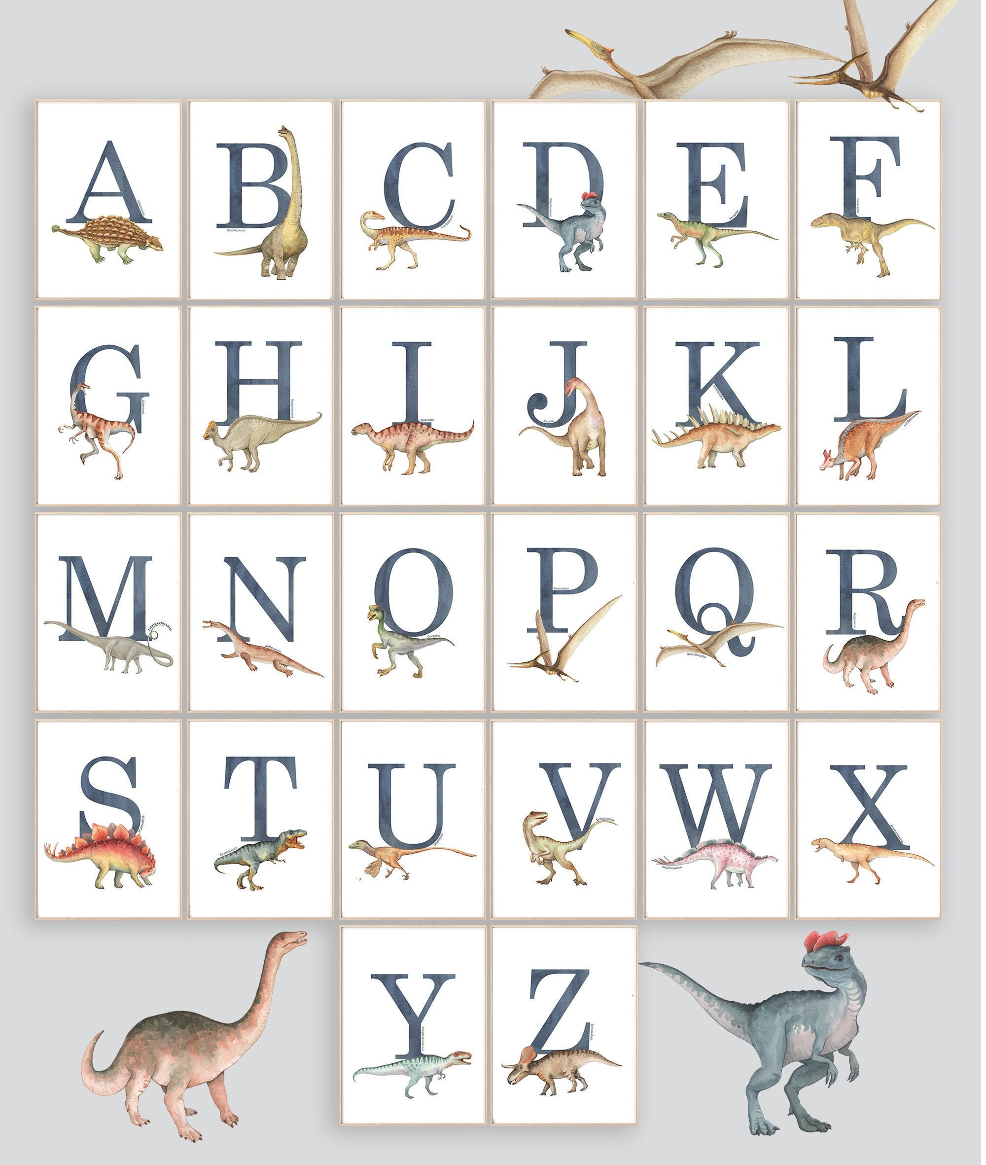Dinosaurier Alphabet Druck: Aquarell Kinderzimmer Wandkunst (Digitaler Download)