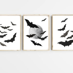 Halloween Poster set of 3,Halloween Print, Halloween Decor, Bats Print, Printable Watercolor,Instant Download, Printable Halloween Art,moon