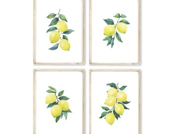 Set of 4 Lemon Wall Art , Watercolor Botanical Prints, Lemons Branch Print, Fruit Watercolor, Kitchen Decor