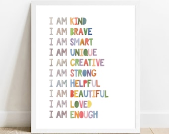 Affirmation Printable Art, I Am Kind, I Am Loved Sign, Playroom Decor, Kids Bedroom Decor, Rainbow Nursery Decor Printable, Watercolor print