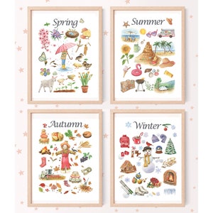 Juego de impresión Four Seasons, Primavera, Verano, Otoño, Póster de invierno, Decoración de guardería, Decoración de la sala de juegos