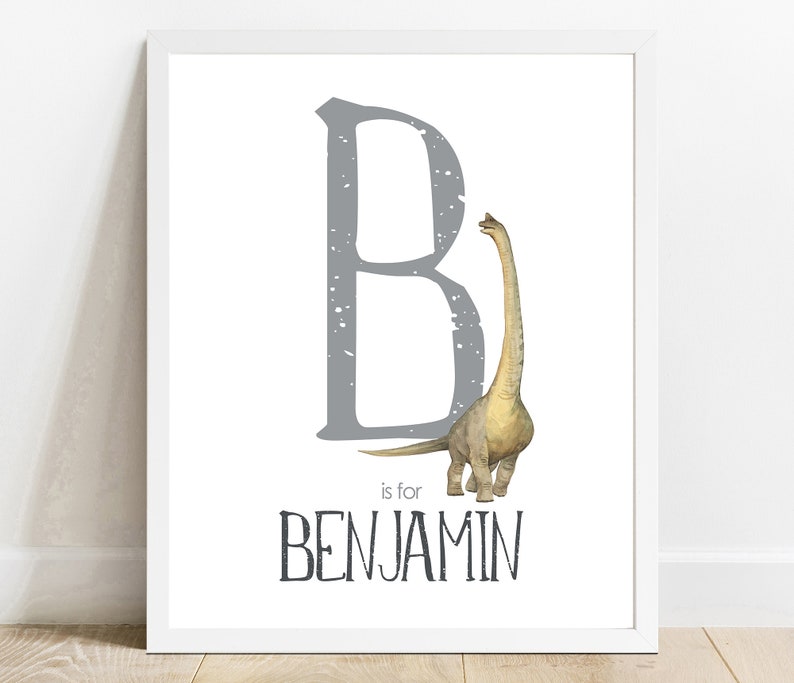 Personalized Name Print, Brachiosaurus Dinosaur Printable, KIds Room Art, Custom Name, Nursery Decor, Bedroom Print, Name Sign image 1
