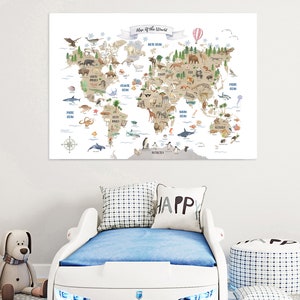 Weltkarte, Tiere, AquarellWeltkarte, Kinder Weltkarte, Karte für Mädchen, Wanddekor, druckbare Weltkarte, braun, inklusive Tiername