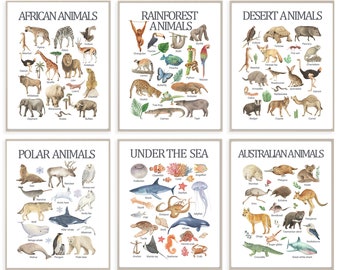 Animals set 6, Educational Printable Wall Art, Learning Home School, Homeschool Print, Watercolor nusery decor