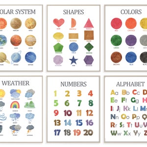 Lernposter 6er Set, Farben, Alphabet, Zahlen, Lernen zu Hause, Schule, Vorschulposter, Homeschool Print