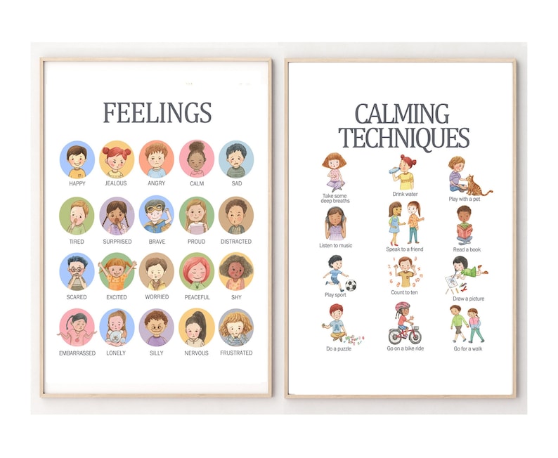 Set of 2 Calming Strategies, Feelings Poster, Educational Posters, Emotions Chart, Kids Room Deco, Homeschool Decor, Emotions poster, image 1