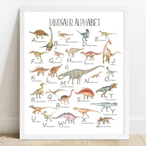 Póster del alfabeto de dinosaurios, aprendizaje infantil, decoración infantil, aprendizaje en casa, escuela, póster preescolar, arte mural de acuarela.