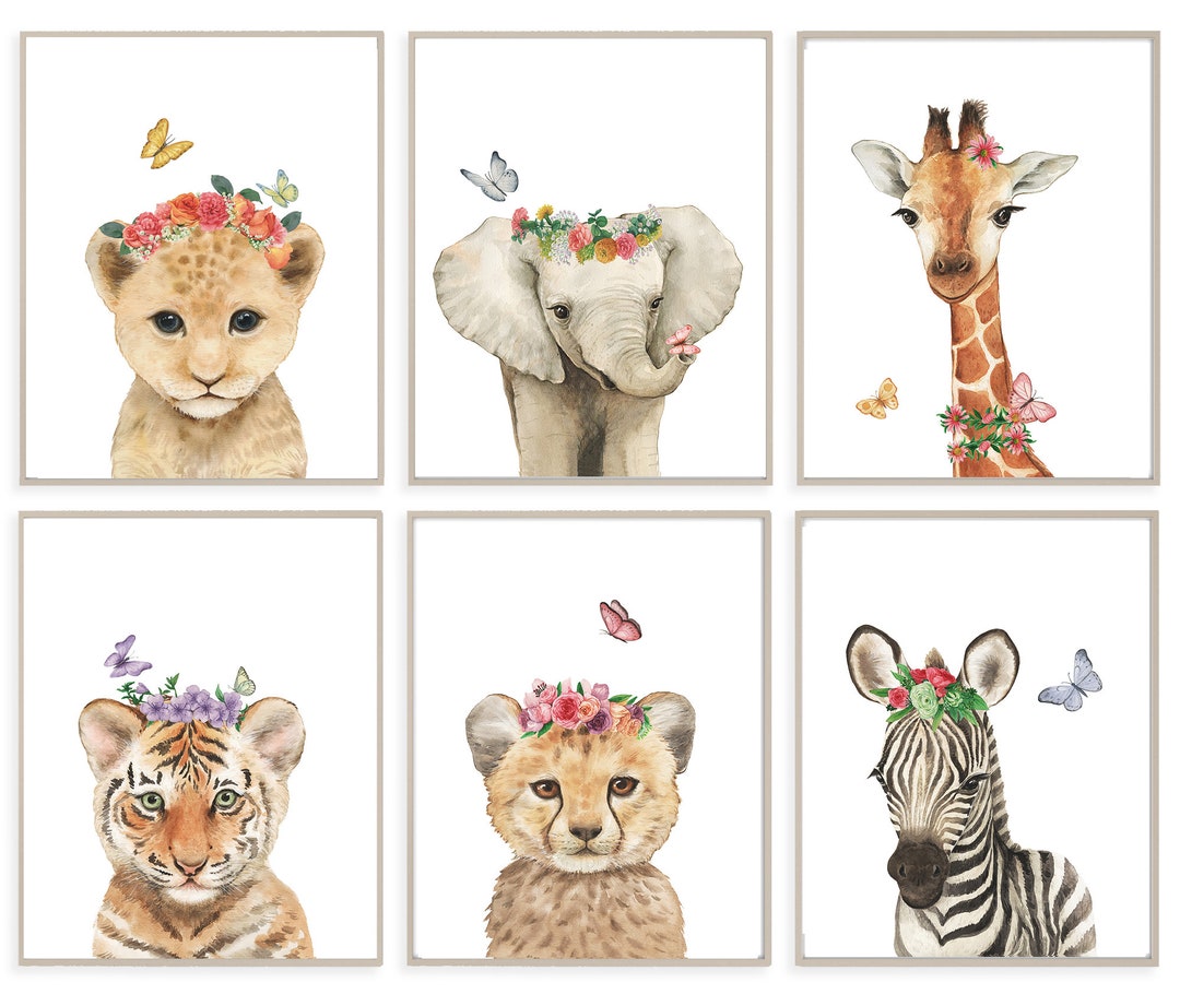 Safari Animal Flower Crown Print Set: Nursery Wall Art (digital ...