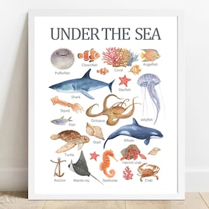 Animales marinos, arte de pared imprimible educativo, escuela de aprendizaje en casa, póster preescolar, impresión de escuela en casa, decoración de guardería imprimible en acuarela