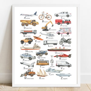 Transport Abc Poster, Vehicle Alphabet, Transport Prints, Vehicle Prints, Car Abc Poster, Nursery Prints, Girls Boys Bedroom Wall Art