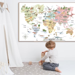 Dinosaurier Weltkarte, Dinosaurier Wandkunst, Kinder Weltkarte Druck, Kinderzimmer Karte Wanddekoration, Kinderzimmer Wandkunst, druckbare Weltkarte, Bunt