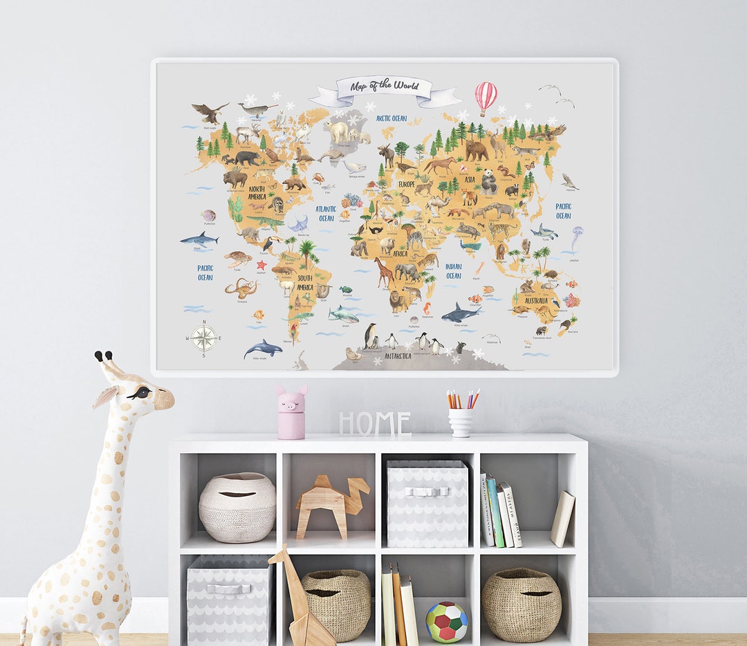 Watercolor Animals World Map Print: Kids Nursery Wall Decor - Etsy