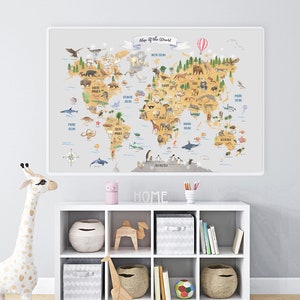 VERSAND: Tiere Weltkarte, AquarellWeltkarte, Kinder Weltkarte, Karte für Baby, braun, Tiername inklusive