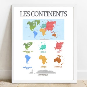 Français Les Continents, Wereld Continenten, Continenten Poster, Educatieve Poster, Homeschool Print, Homeschool Decor, Classroom Decor