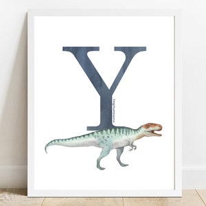 Letra Y Yangchuanosaurus, impresiones de acuarela de dinosaurios, arte de pared para guardería, imprimibles de dinosaurios para guardería, decoración de guardería, decoración de habitación infantil